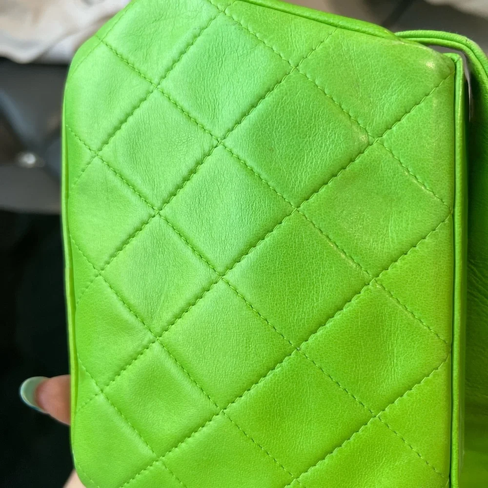 CHANEL Vintage Apple Green Quilted Mini Shoulder Bag with Gold Bar